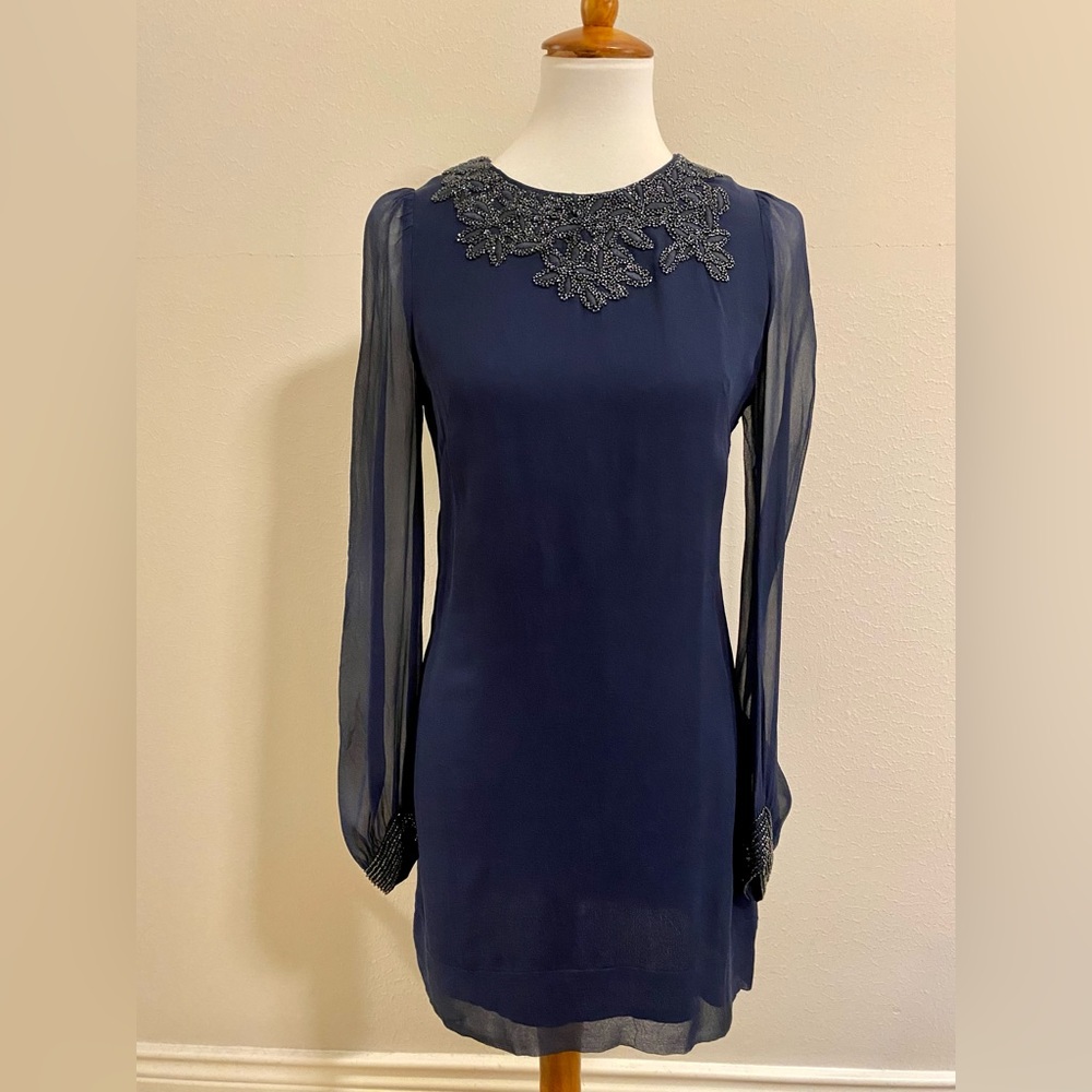 French Connection blue silk beaded special occasion dress